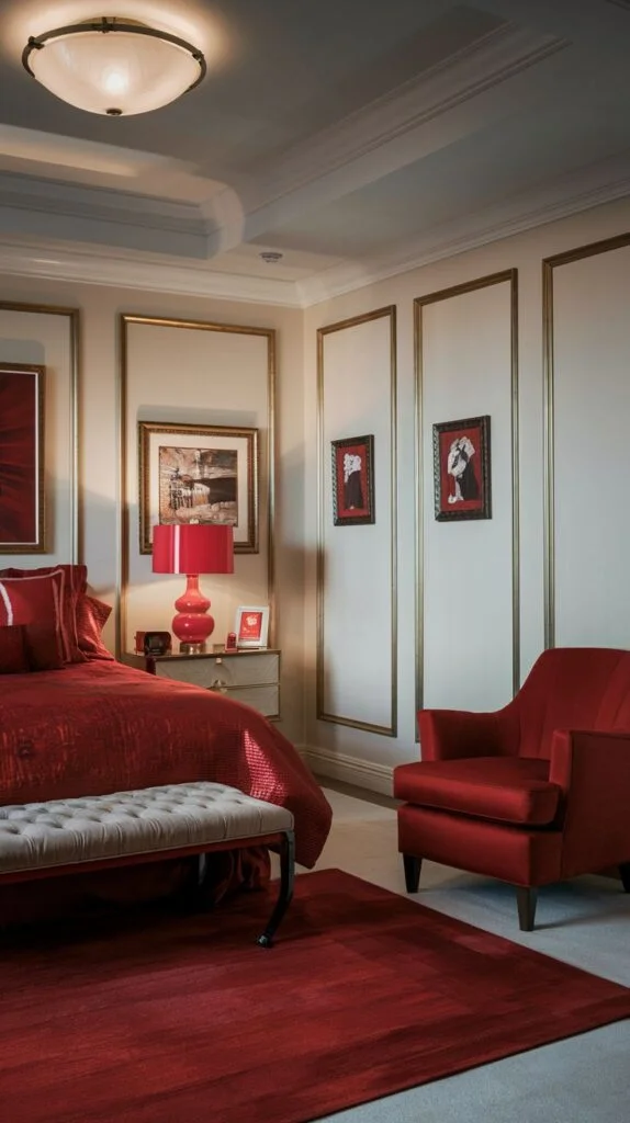 Bedroom with intricate wall paneling, deep red bedding, and matching red armchair.