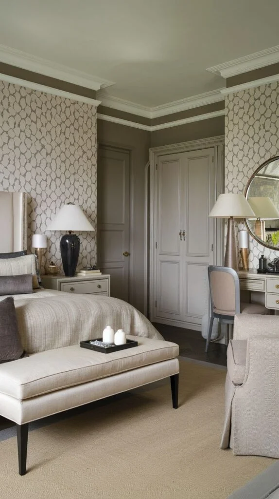 Bedroom with muted patterned wallpaper, built-in wardrobes, and dressing table.