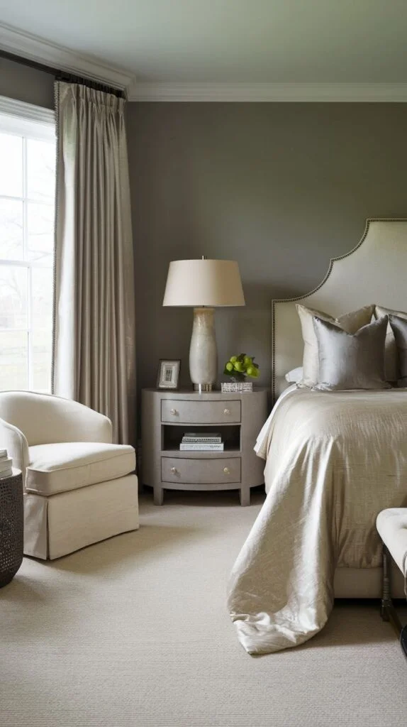 Bedroom with soft gray-green walls, upholstered headboard, and cozy armchair.