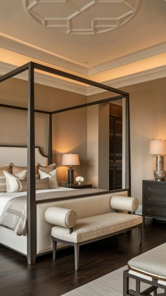 Bedroom with tall four-poster bed, geometric ceiling design, and upholstered bench.