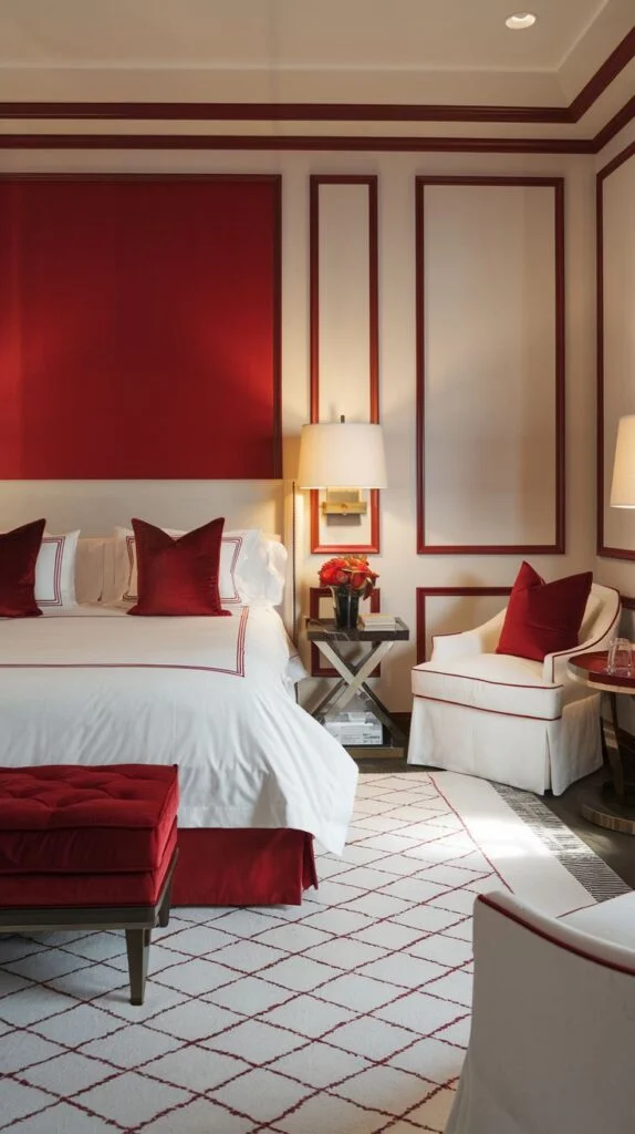 Red and white bedroom with bold red wall panels, red bench, and white rug with red geometric pattern.