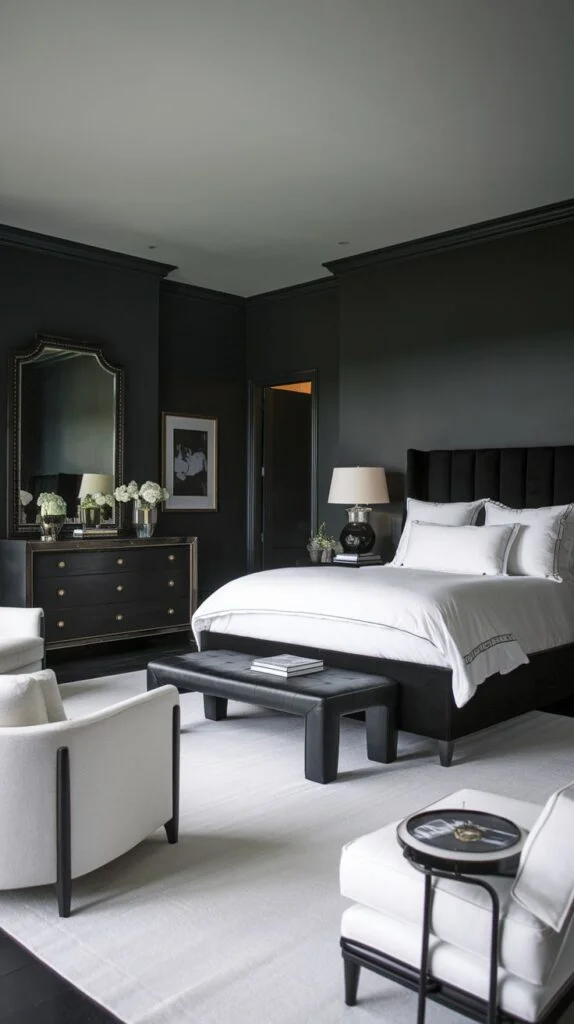 Bedroom with deep black walls, black upholstered bed, white bedding, and white armchairs.