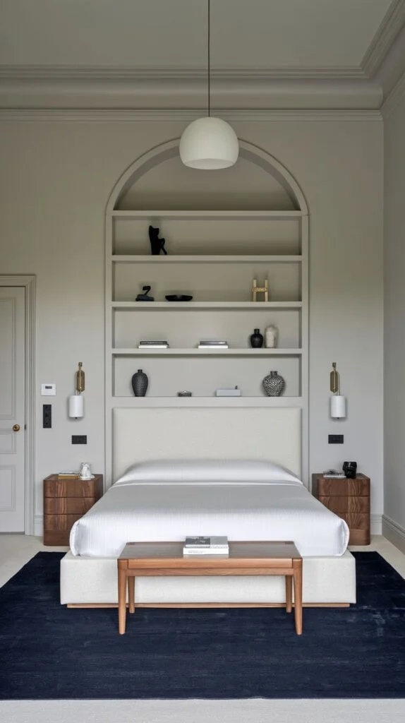 Bedroom with built-in arched shelving above bed, dark nightstands, and dark rug.