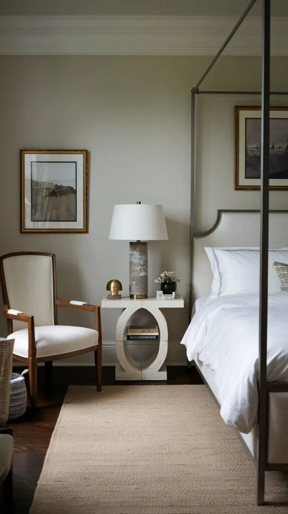 Bedroom with light four-poster bed, sculptural bedside table, and natural fiber rug.