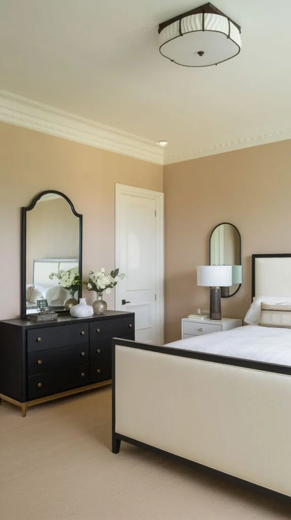 Warm bedroom with cream and black upholstered bed, dark wood dresser, and neutral palette.