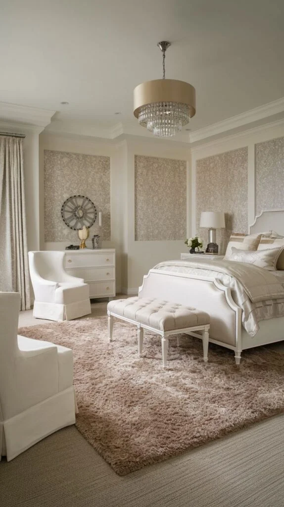 Elegant bedroom with patterned wallpaper, white upholstered bed, and crystal chandelier.