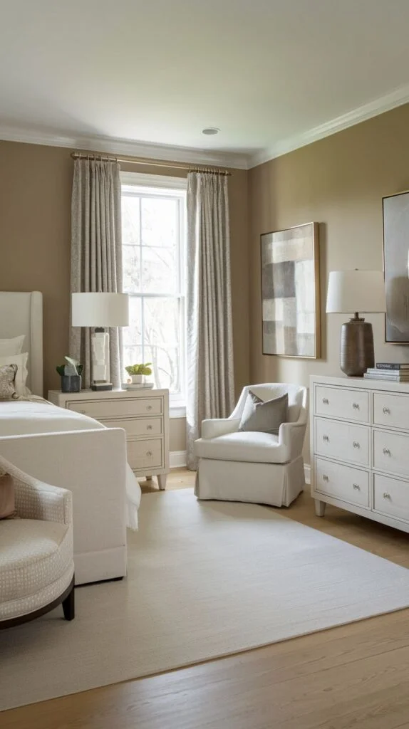 Comfortable bedroom with warm neutral walls, white upholstered bed, and sitting area with armchairs.