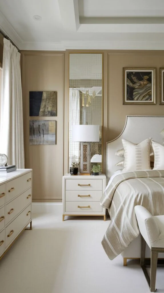 Inviting bedroom with beige paneled walls, white upholstered headboard, and framed artwork.