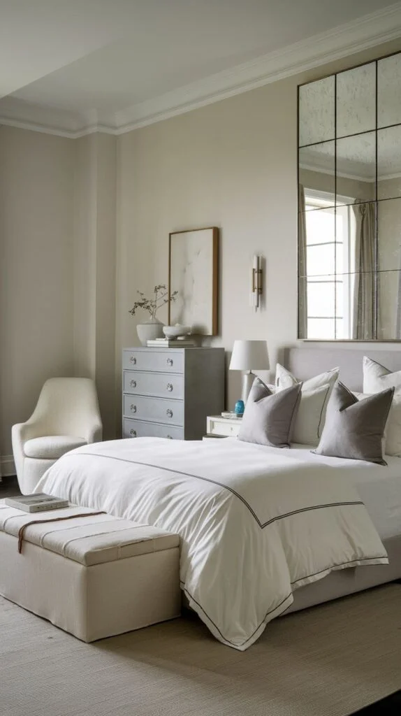 Modern bedroom with mirrored wall panel, gray dresser, and upholstered storage bench.