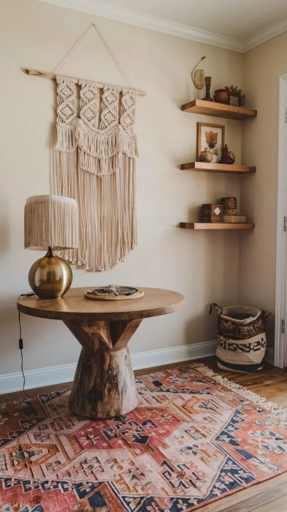 Entryway with round wooden table, fringed lamp, macramé wall hanging, patterned rug, and wooden shelves with decor.