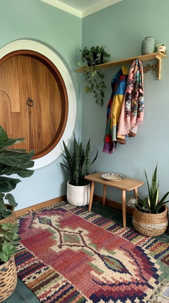 Entryway with round wooden door, vibrant runner rug, wooden bench, wall rack with colorful blanket, and snake plants.
