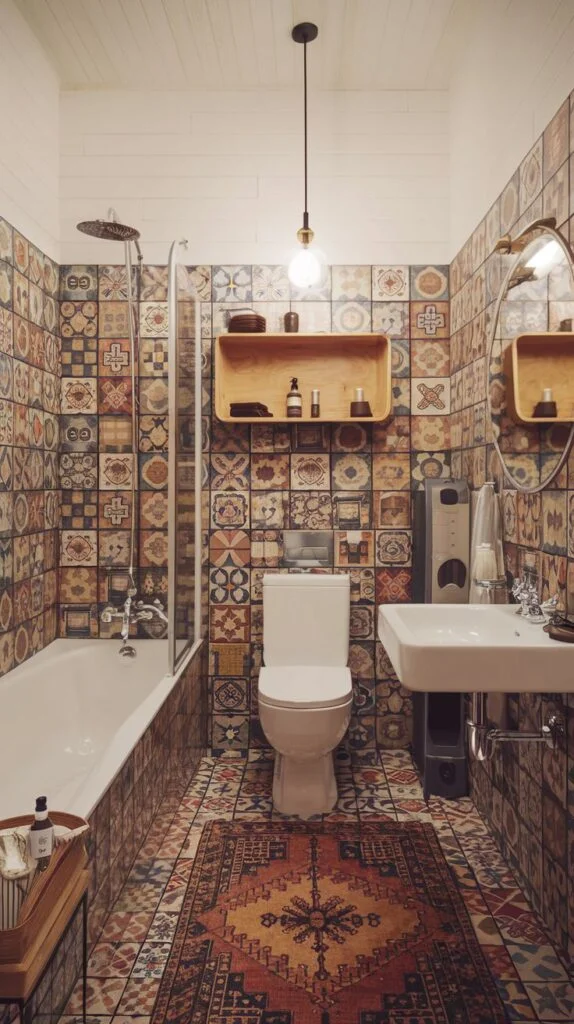 Bathroom with patterned tiles on walls and floor, white bathtub, pedestal sink, round mirror, and warm patterned rug.