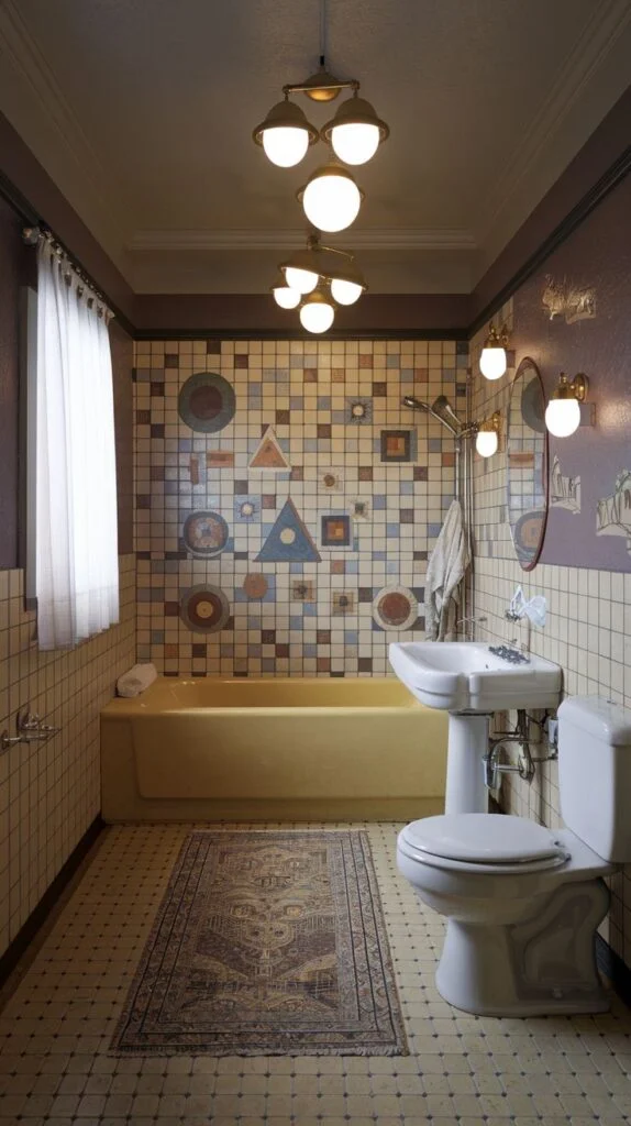 Bathroom with geometric tiled walls, yellow bathtub, white fixtures, vintage lighting, and subtle patterned rug.
