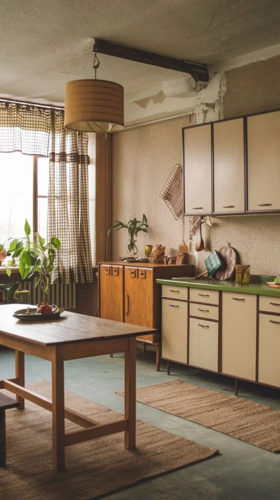 Kitchen and dining area with jute runner rugs, wooden table, cream cabinets, green countertops, and checkered curtains.