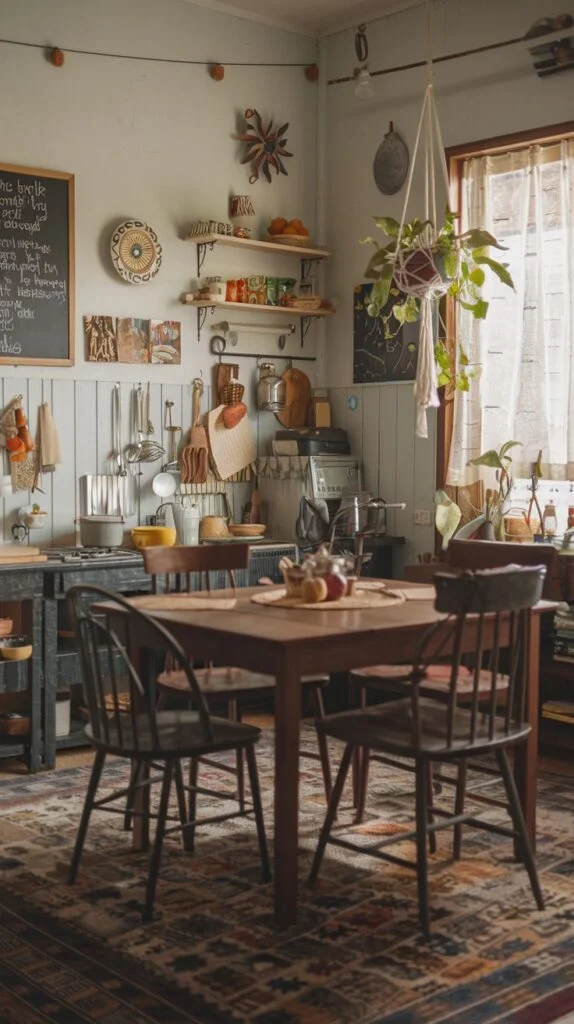 Kitchen dining space with large patterned rug, wooden table, dark chairs, open shelves, and hanging plants.