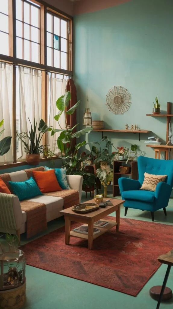Living room with large red patterned rug, light sofa with colorful cushions, blue armchair, wooden coffee table, and many potted plants.