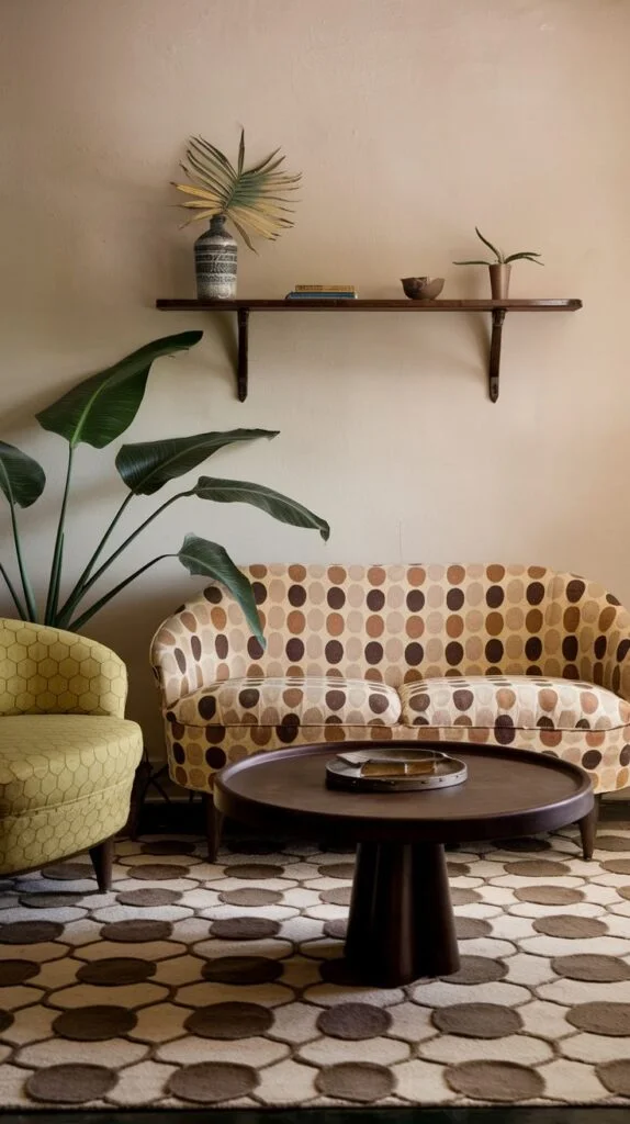 Living space with round-patterned brown rug, polka-dot sofa, yellow armchair, round wooden coffee table, and large potted plant.