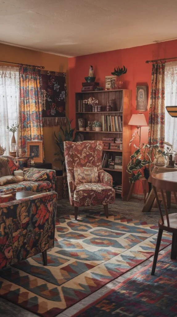 Living room with vibrant geometric rug, floral sofa and armchair, warm orange walls, wooden bookshelf, and plants.