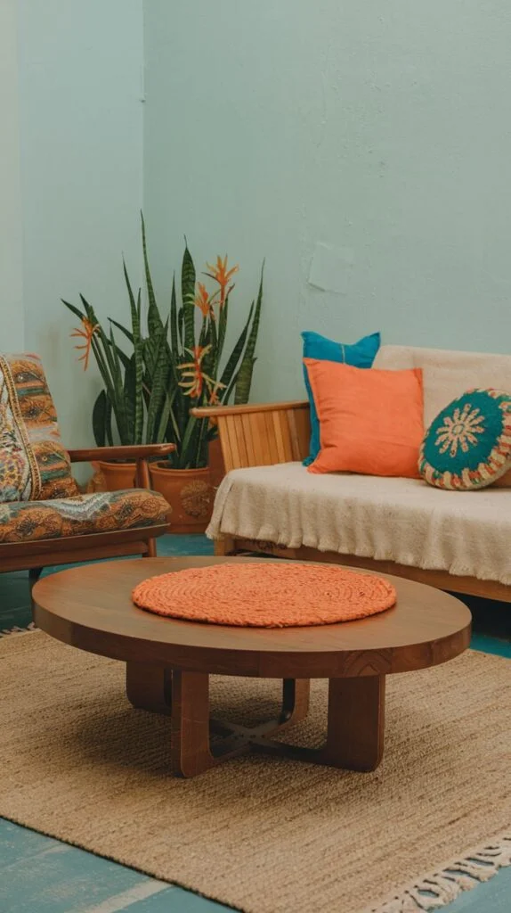 Living area with natural jute rug, oval wooden coffee table, natural fiber sofa with orange and blue pillows, and snake plants.