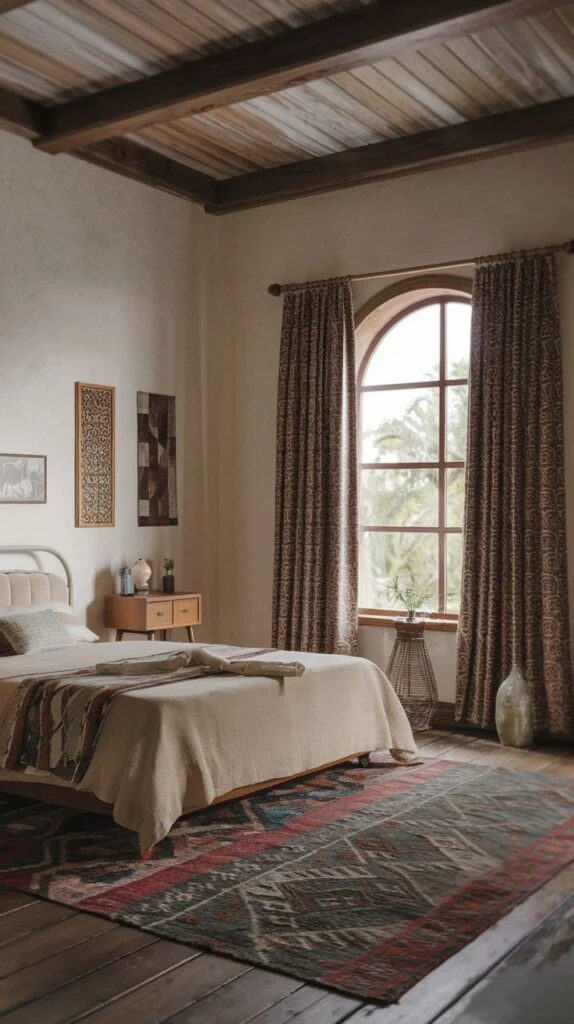 Bedroom with large patterned rug, light bedding, wooden nightstand, arched window, and exposed wooden ceiling beams.