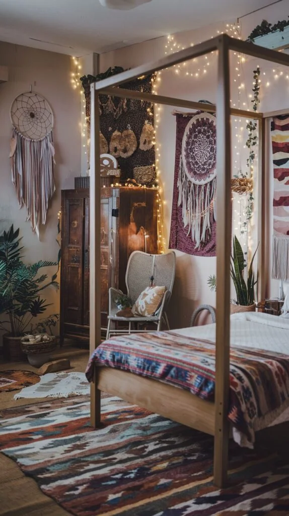 Bedroom with colorful patterned rug, wooden four-poster bed with patterned blanket, string lights, dreamcatchers, and plants.