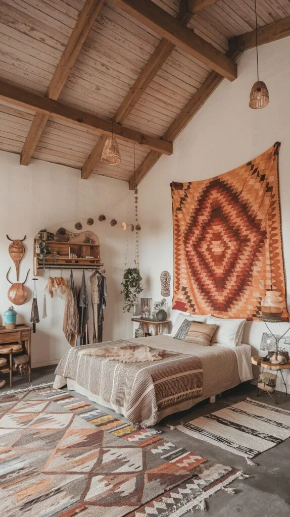 Bedroom with multiple layered rugs, striped bedding, large geometric tapestry, wooden shelf, and exposed beams.
