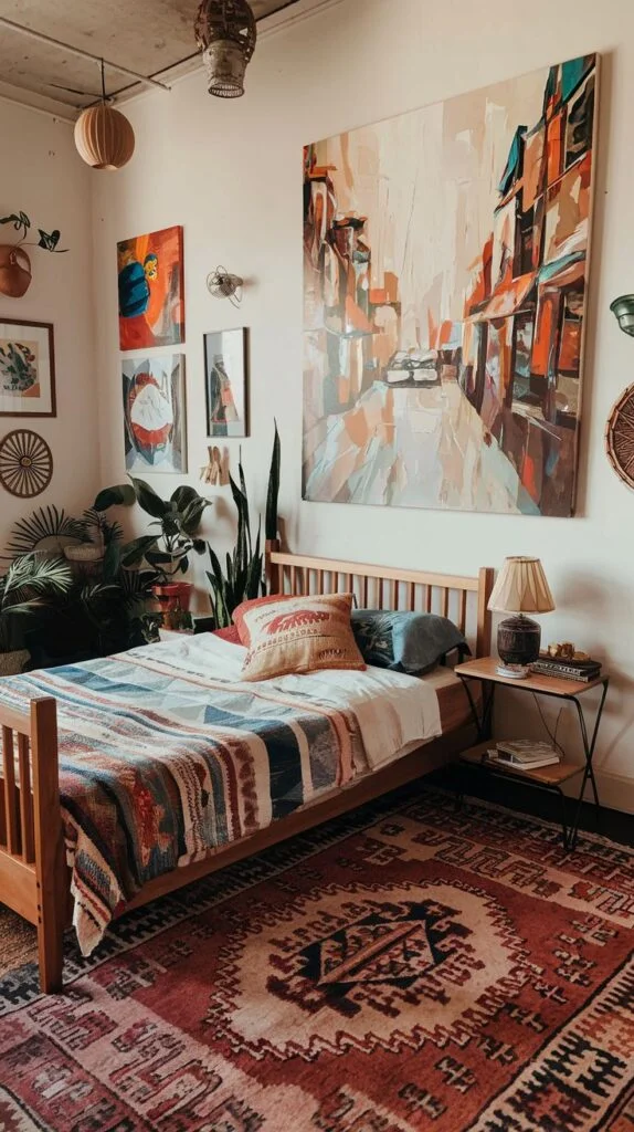 Bedroom with large red and cream patterned rug, wooden bed frame, abstract painting, and large potted plants.