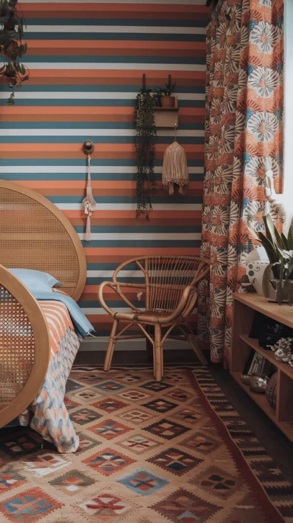 Bedroom with geometric patterned rug, rattan headboard and chair, striped wallpaper, and floral curtains.