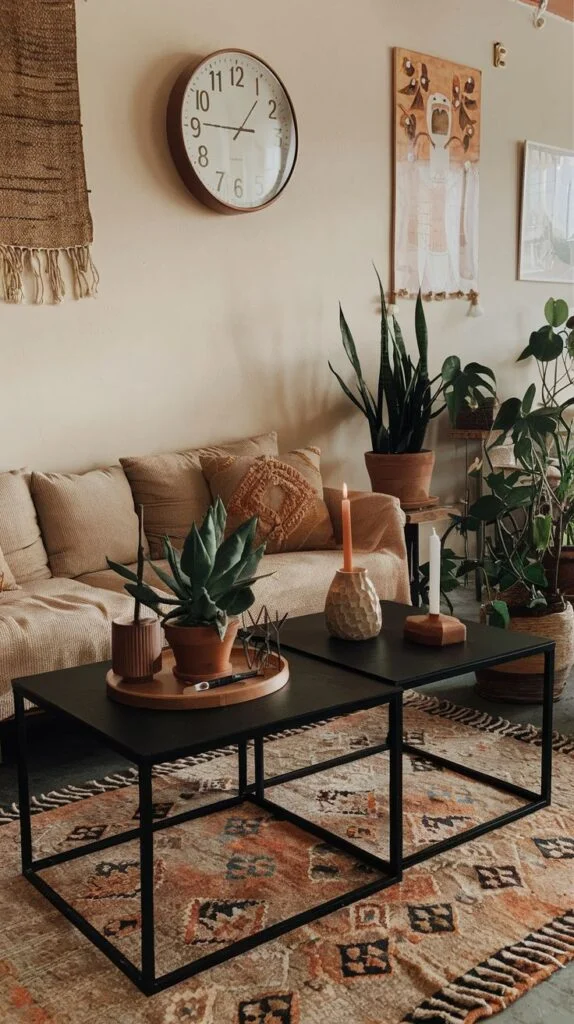 Living room with beige sofa, earth-toned patterned rug, black metal coffee tables, large wall clock, and many potted plants.