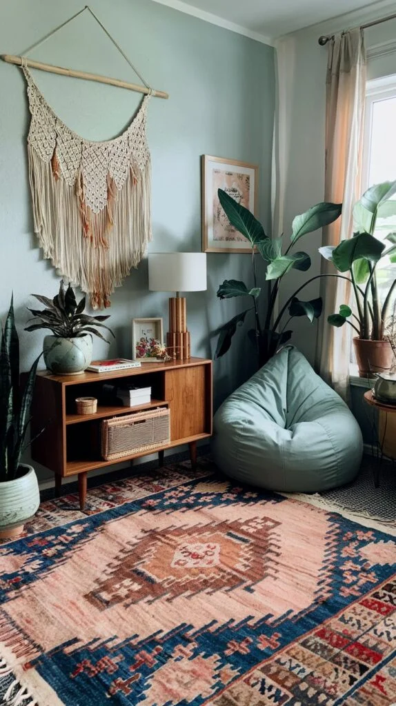 Cozy corner with patterned rug, macramé wall hanging, wooden cabinet with lamp, green bean bag chair, and potted plants.