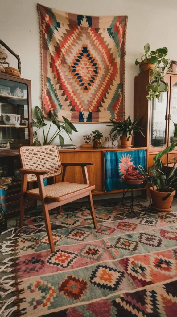 Living area with vibrant multi-colored rug, wooden chair with cane back, geometric tapestry, and wooden cabinets.