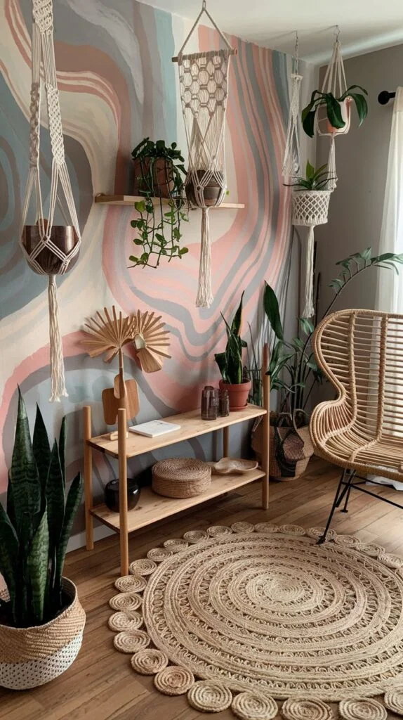 Room with circular jute rug, macramé plant hangers, wooden shelf with plants, and pastel swirl mural.