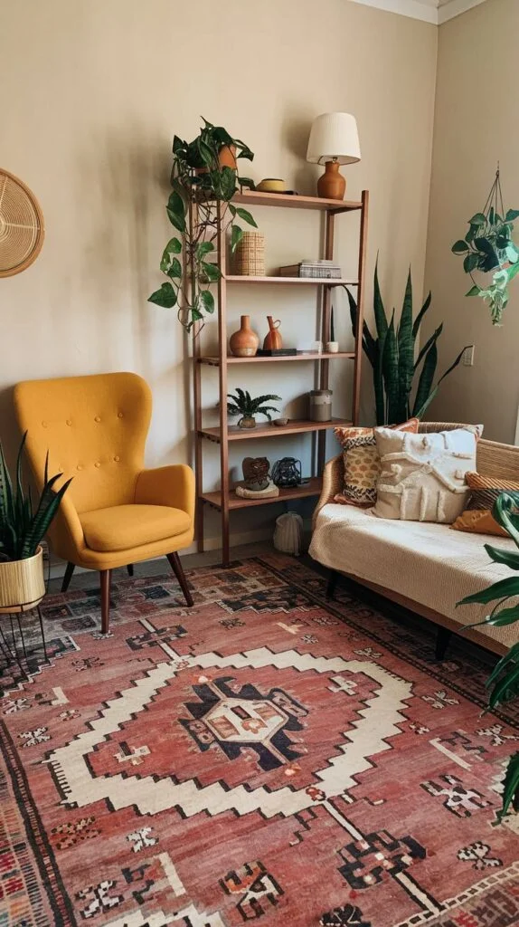 Living room with red and white patterned rug, yellow armchair, wooden bookshelf with plants, and neutral sofa with pillows.