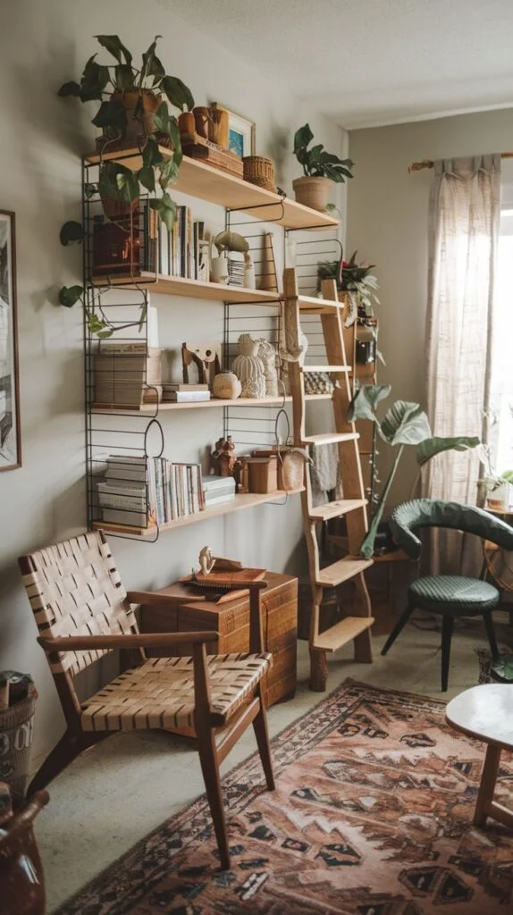 Living space with patterned area rug, wooden shelving filled with books and plants, woven leather strap chair, and patterned accent chair.