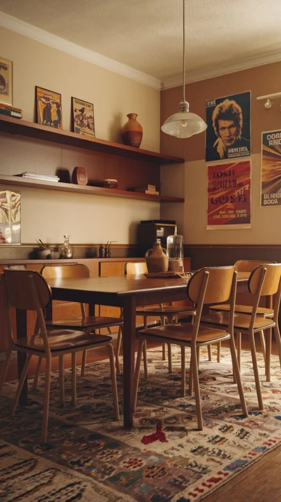 Dining room with wooden table, mid-century chairs, patterned rug, and retro posters on walls.