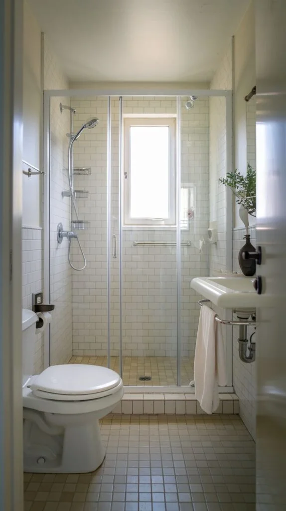 Small bathroom with walk-in shower and clear glass doors