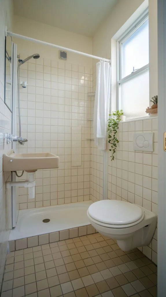 Small bathroom with light brown tiles and simple shower curtain