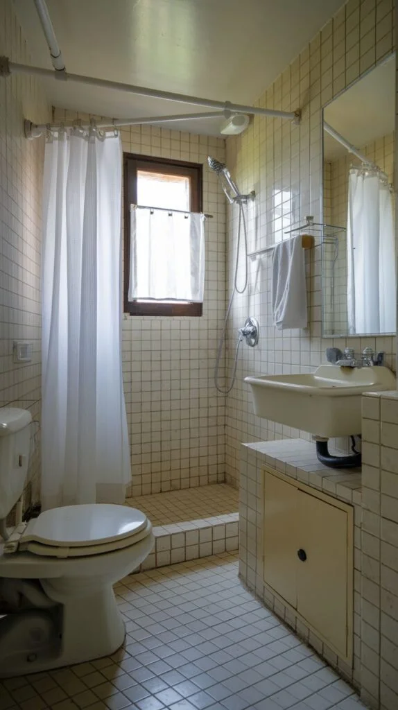 Traditional bathroom with white tiles and built-in vanity