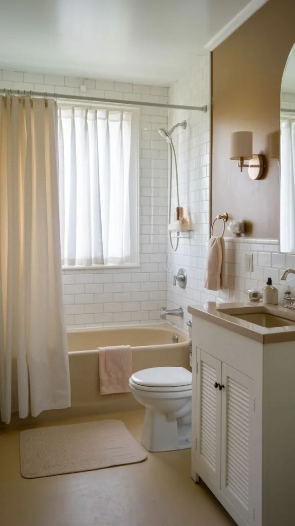 Small bathroom with warm brown accent wall and bathtub