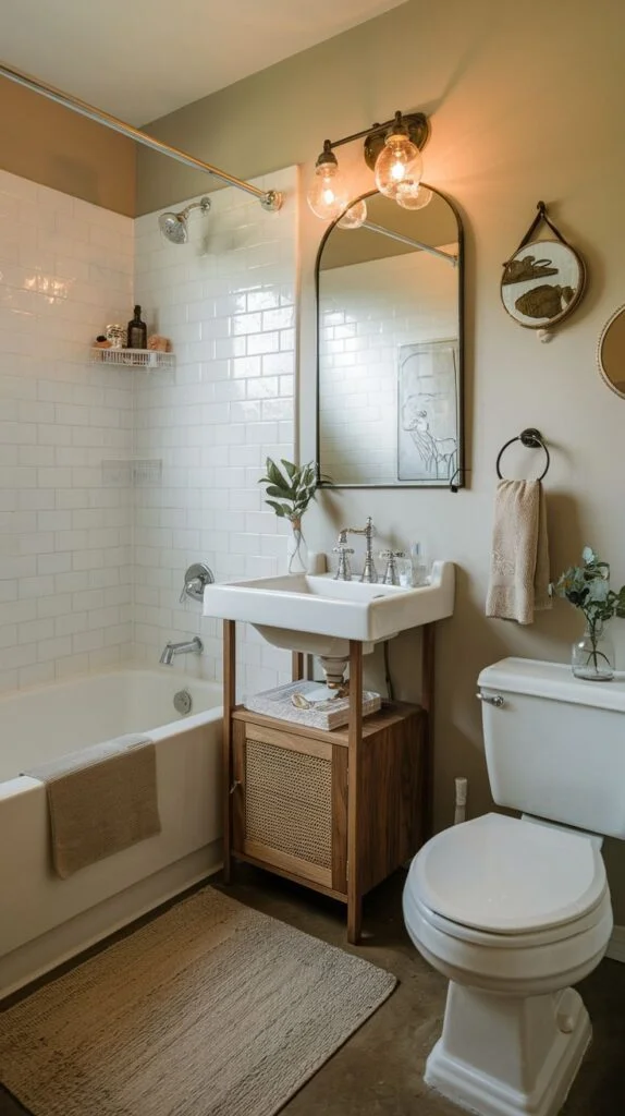 Rustic small bathroom with wooden vanity base and subway tiles