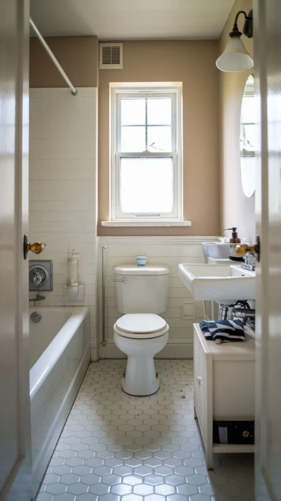 Bathroom with hexagonal floor tiles and white fixtures