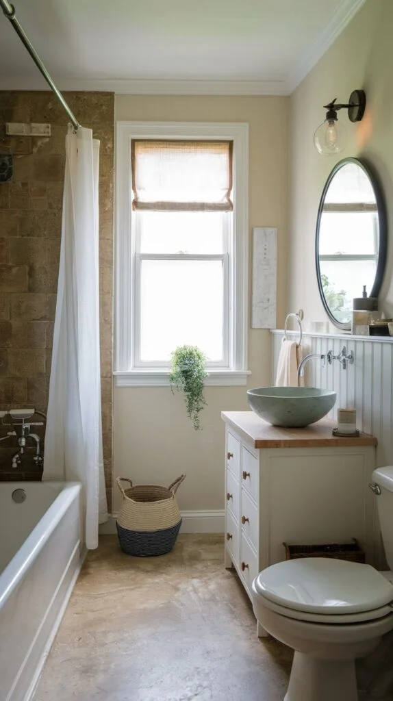 Bathroom with stone-look tiles and blue vessel sink