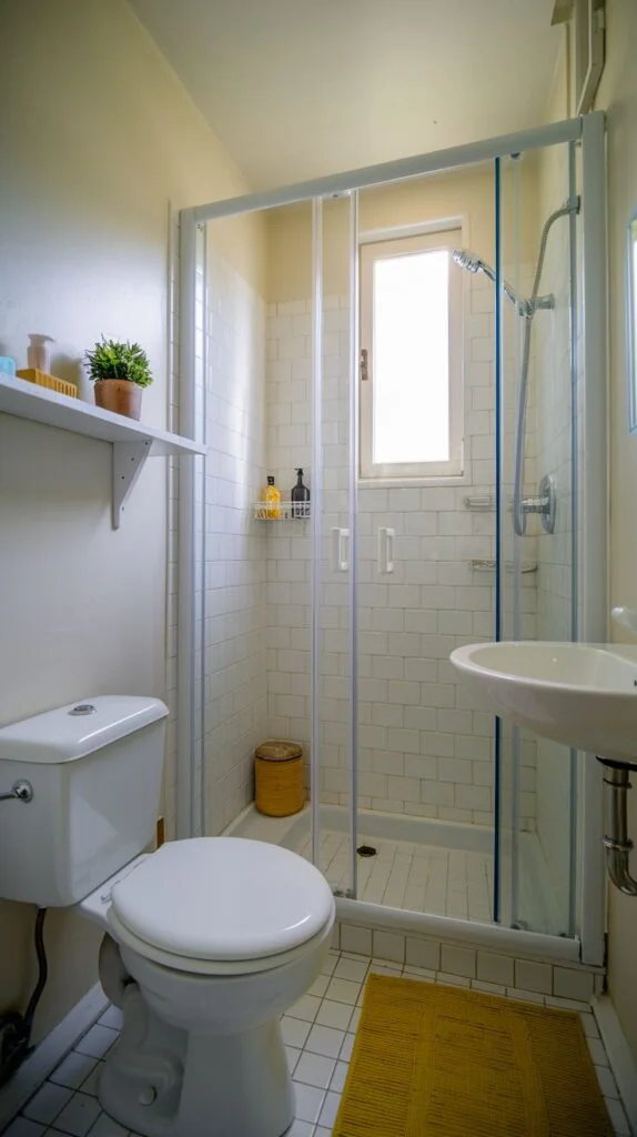 Modern walk-in shower with minimalist fixtures and bright bath mat