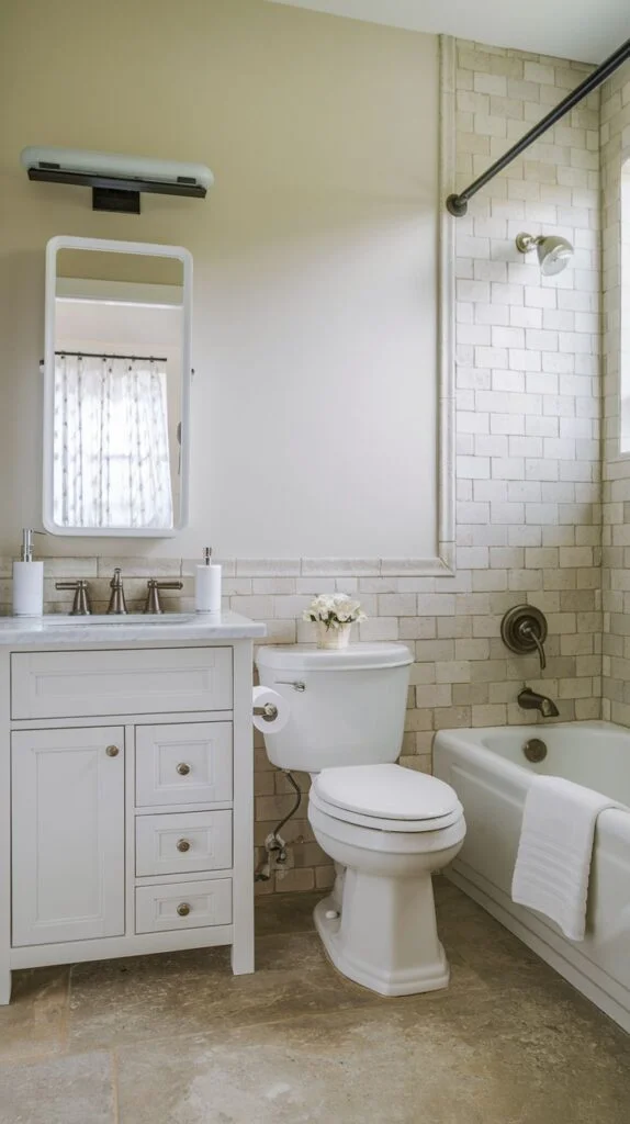 Bathroom with white vanity and subway tiled bathtub surround
