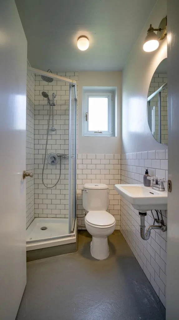 Industrial style bathroom with dark floor and white subway tiles
