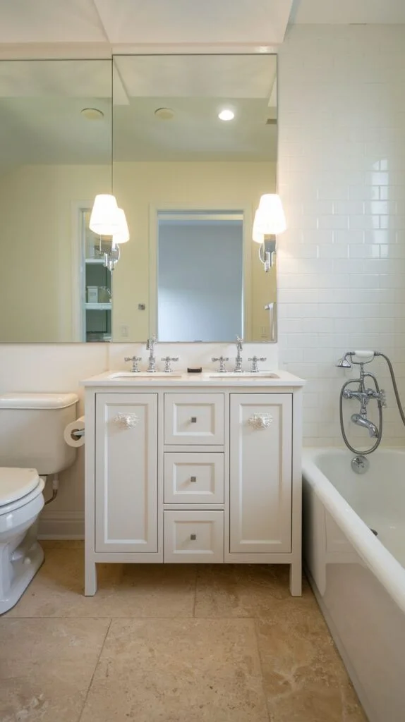 Small bathroom with double vanity and large mirror