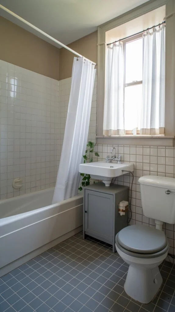 Bathroom with blue and white checkered floor tiles