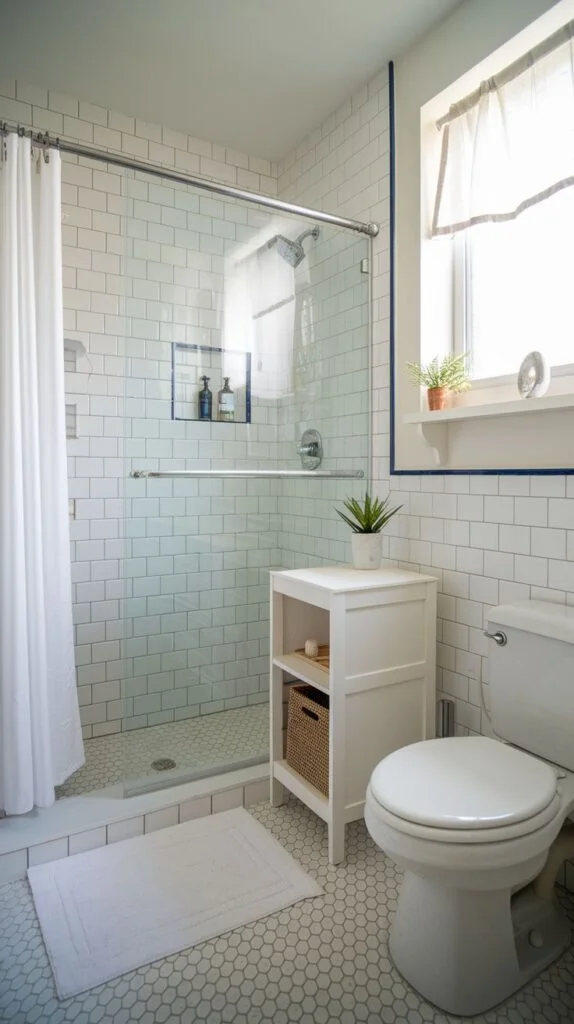 Bathroom with open shower and hexagonal floor tiles