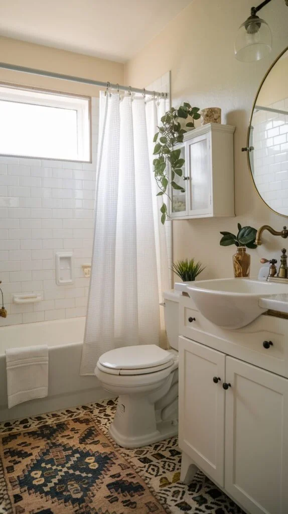 Bathroom with colorful patterned rug and vessel sink