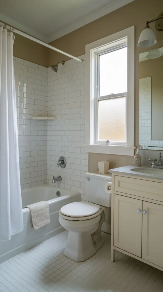 Bathroom with beige walls and white subway tiles